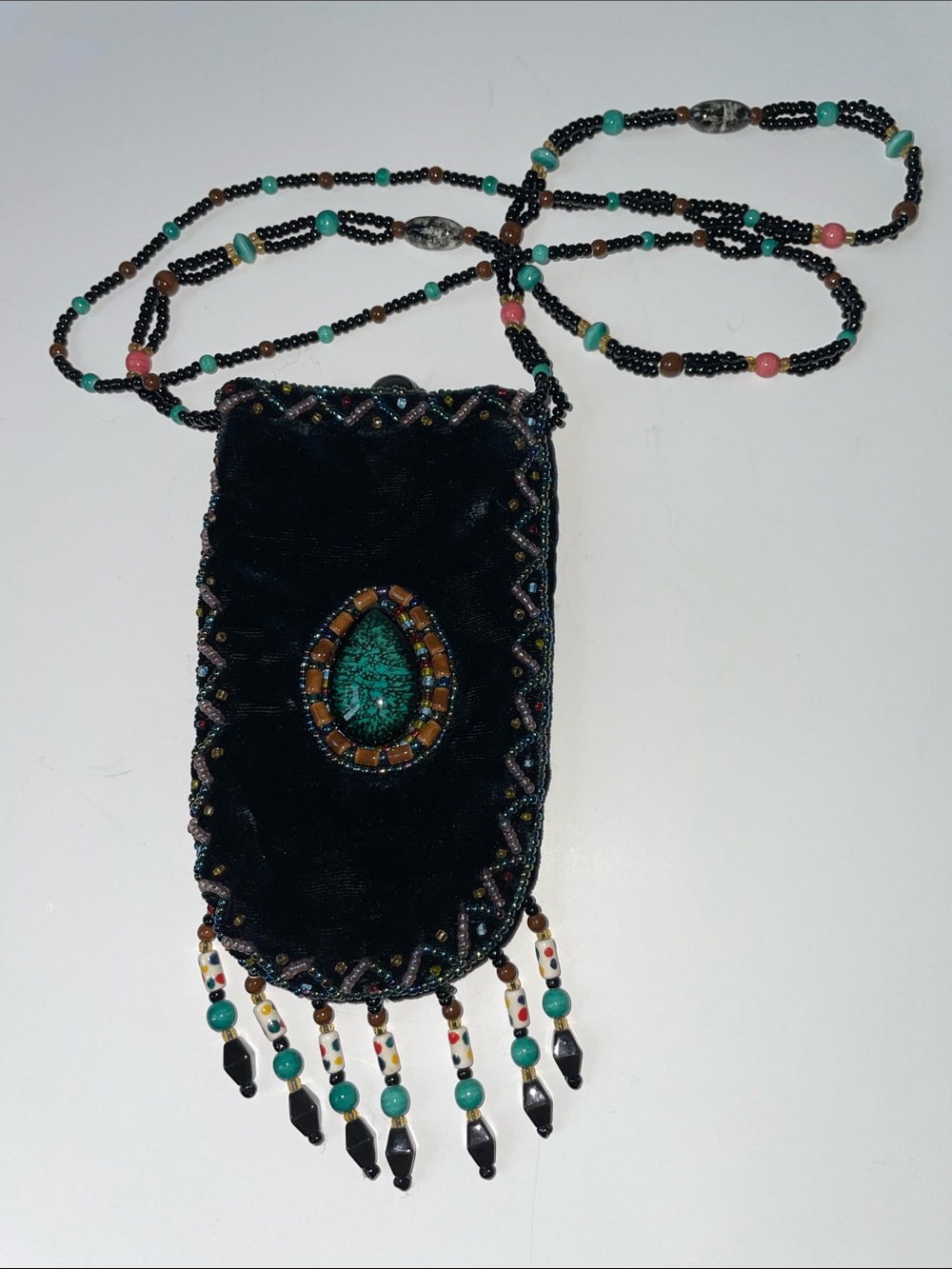 Vintage silk & Black Velvet Beaded Crossbody Pouch with Turquoise Accent - Picture 4 of 8